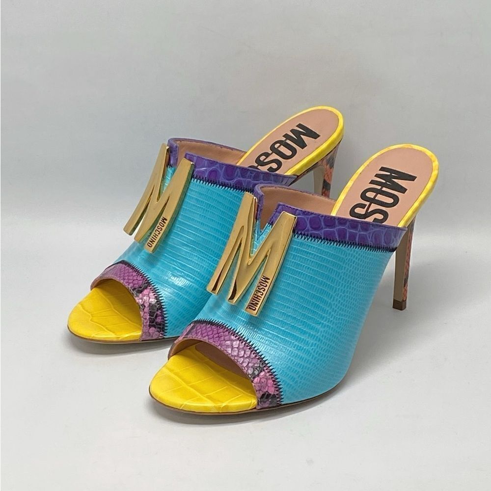 Moschino M Stud Group Patchwork Leather Mule Sandals size 38
